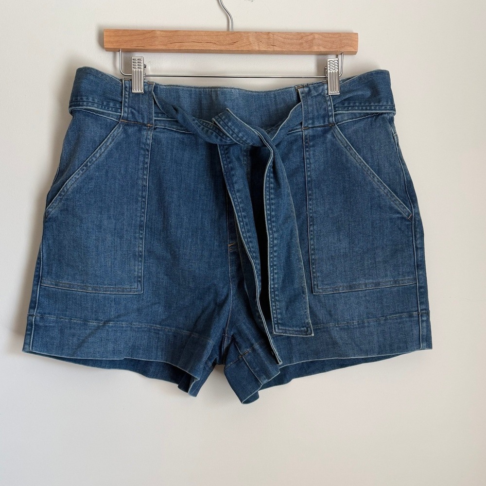Spanx Denim Shorts Womens 1X Blue Tie Waist High Rise Stretch Patch Pocket